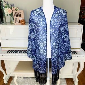 OSFM Blue boho kimono w/ black fringe